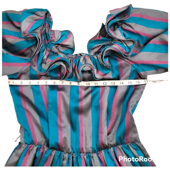 Vintage Lizzy&Johnny By Lucero Striped Ruffled Neck Puff sleeve midi dress Sz 10 - Picture 4 of 9